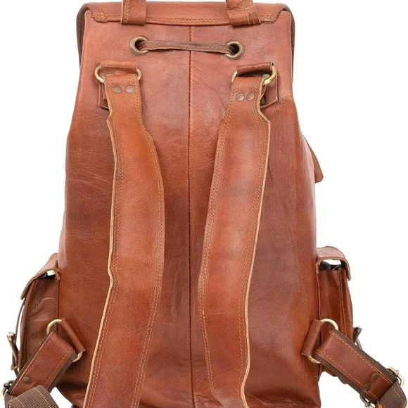 28" Genuine Men Rucksack Sling Real Bag Backpack Leather Travel Vintage - Picture 3 of 5
